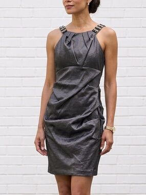 Gunmetal Metallic Cocktail Dress Rhinestone Strap Ruched Bodycon XS